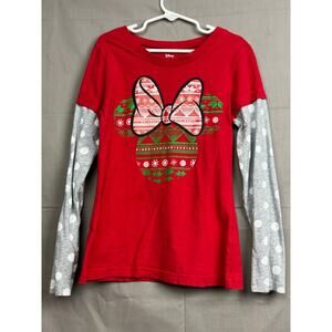 Disney Minnie Mouse Girls Red Holiday Shirt with Polka Dot Sleeves Size M (7/8)